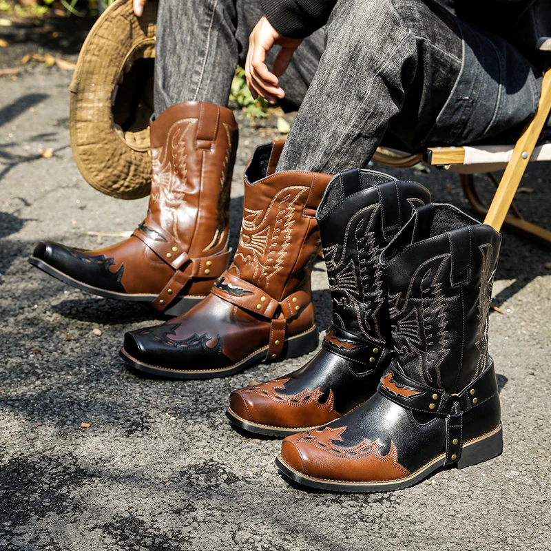 Retro Men Business Chelsea Boots Black Brown European American Hand-embroidered Fashionable Square-toed Knight Boots Men