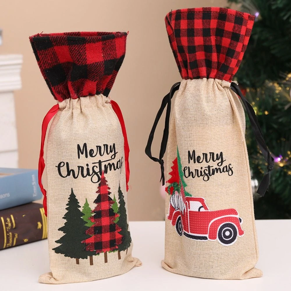 Christmas Bottle Bag Drawstring Wine Bottle Set Letter Tree Wine Bottle Bag Cartoon Reusable Christmas Bottle Cover Family