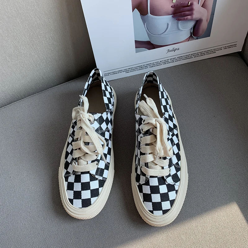 Fashion Checkerboard Black Women Sneakers Chaussure Femme Sneakers Lace-up Canvas Leather Casual Shoes Woman Spring Ladies Shoes