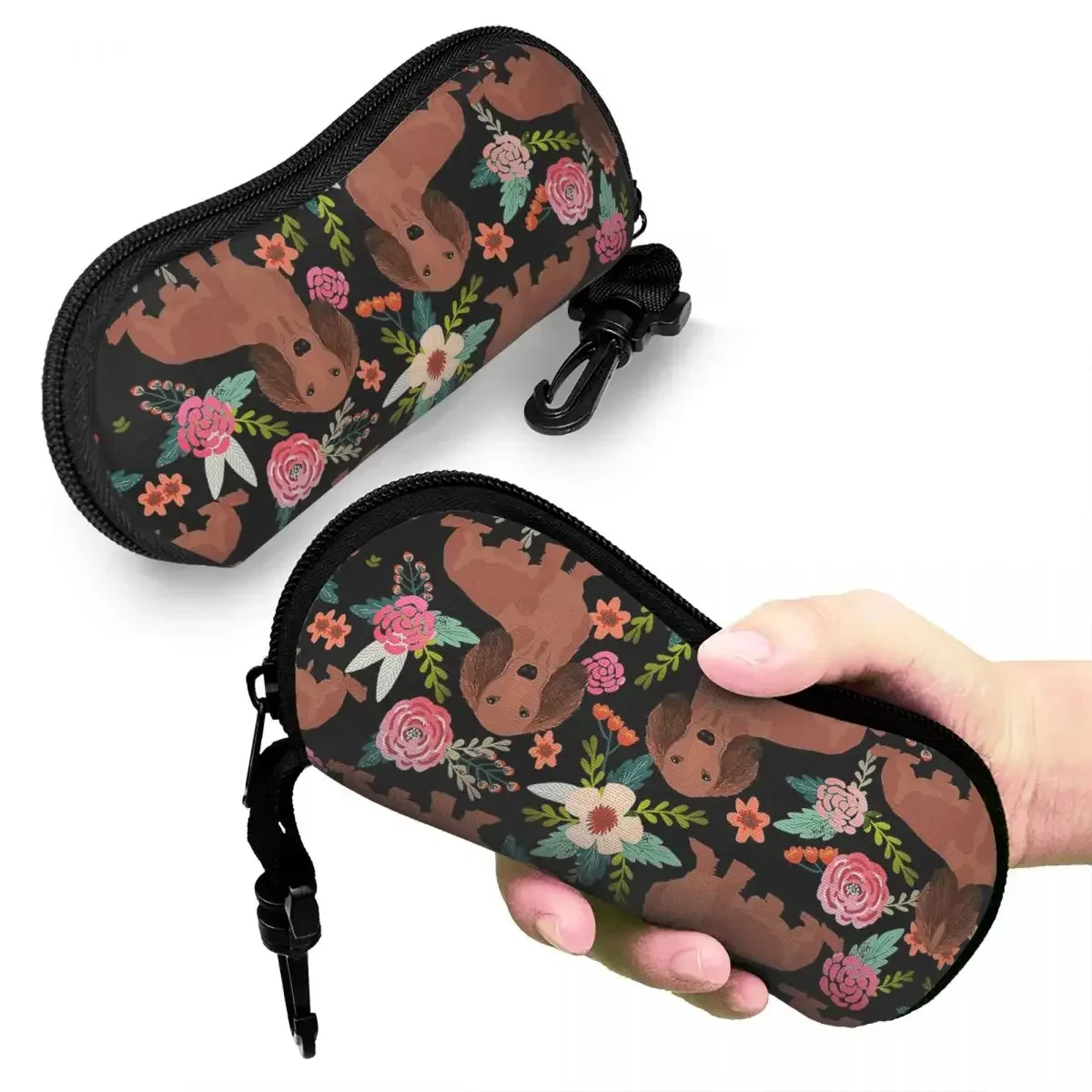 Dachshund Dogs With Flowers Glasses Case Protective Zipper Dog Lover Glasses Storage Box Ultra Glasses Box