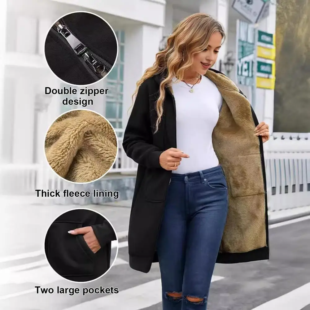 Lady Jacket Plush-lined Winter Hoodie Coat with Drawstring Closure for Women Mid Length Outerwear Jacket for Commuting Women