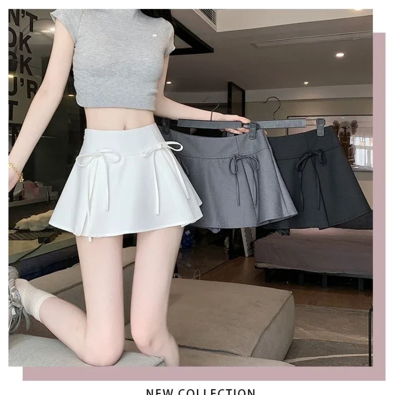 Preppy Style Mini Skirt with Bow Women Kawaii Low Waist Pleated Short Skirt Female Summer A Line Y2K 90s Cute Outfit Faldas New