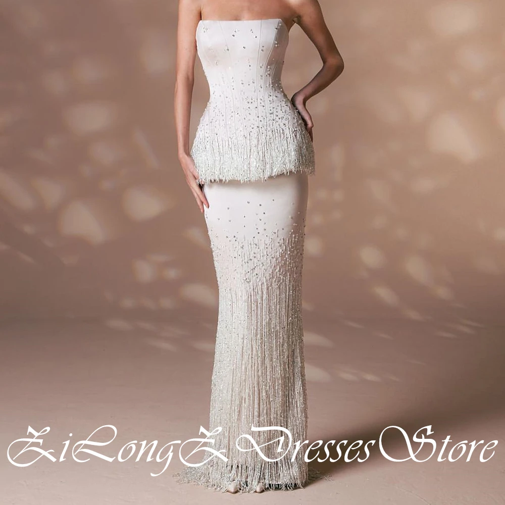 Lace Up Back Crystal Tassel Straight Back Slit Exquisite Evening Dresses Custom Size Floor Length Strapless Jersey Sleeveless