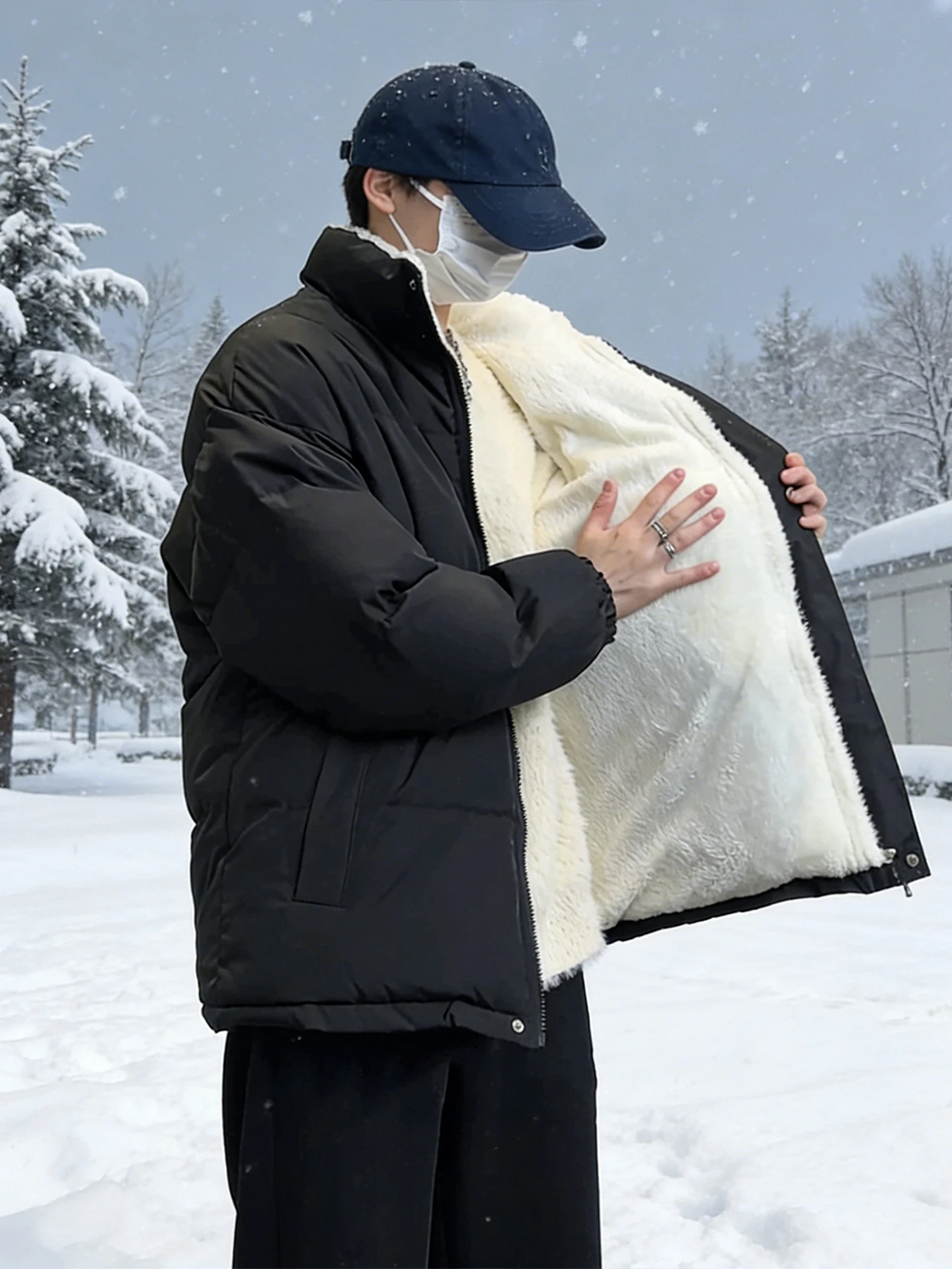 

Men's Thiened Winter Cotton Jaet Lamb Fur Lined Stand Collar Bread Sle Coat Warmth Youth Faion Loose Fit Long Sve