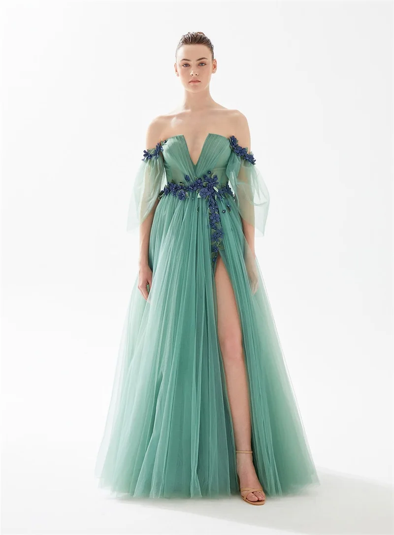 Spring Green A Line Prom Dresses 3D Flower Appliqued Beaded Formal Evening Gown Ocasiões especiais Robe de mariée Custom Made