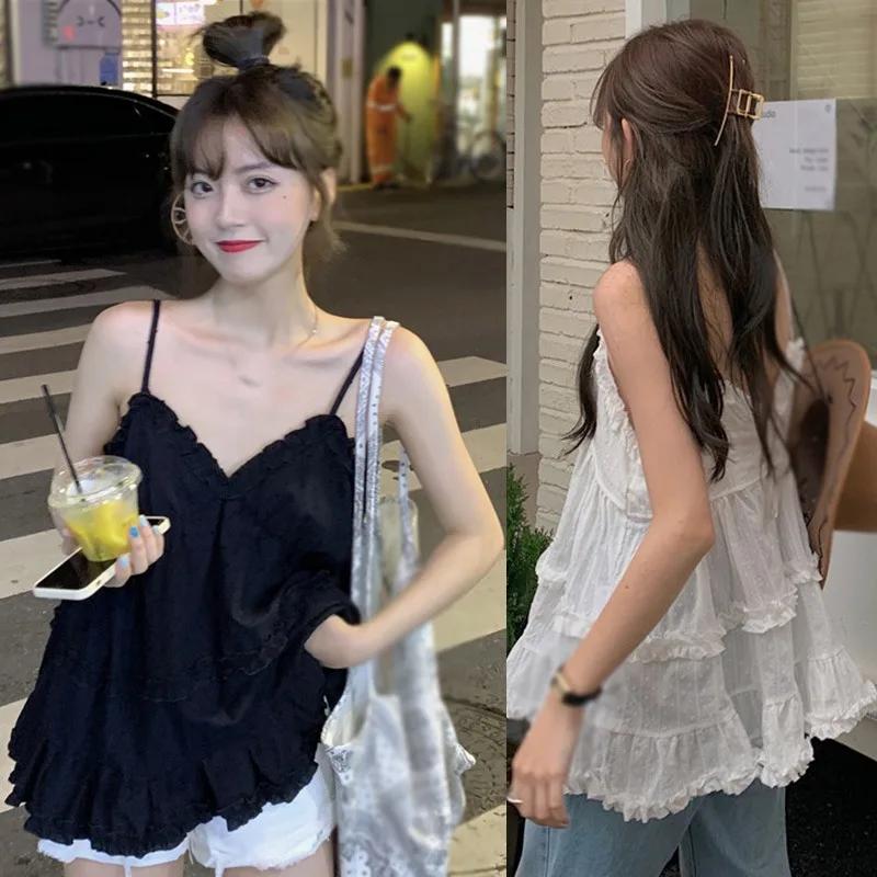 Women\'s Camisole Tank Tops Korean Style Sleeveless Shirt Sweet Casual Black/White Spaghetti Straps Vest V-neck