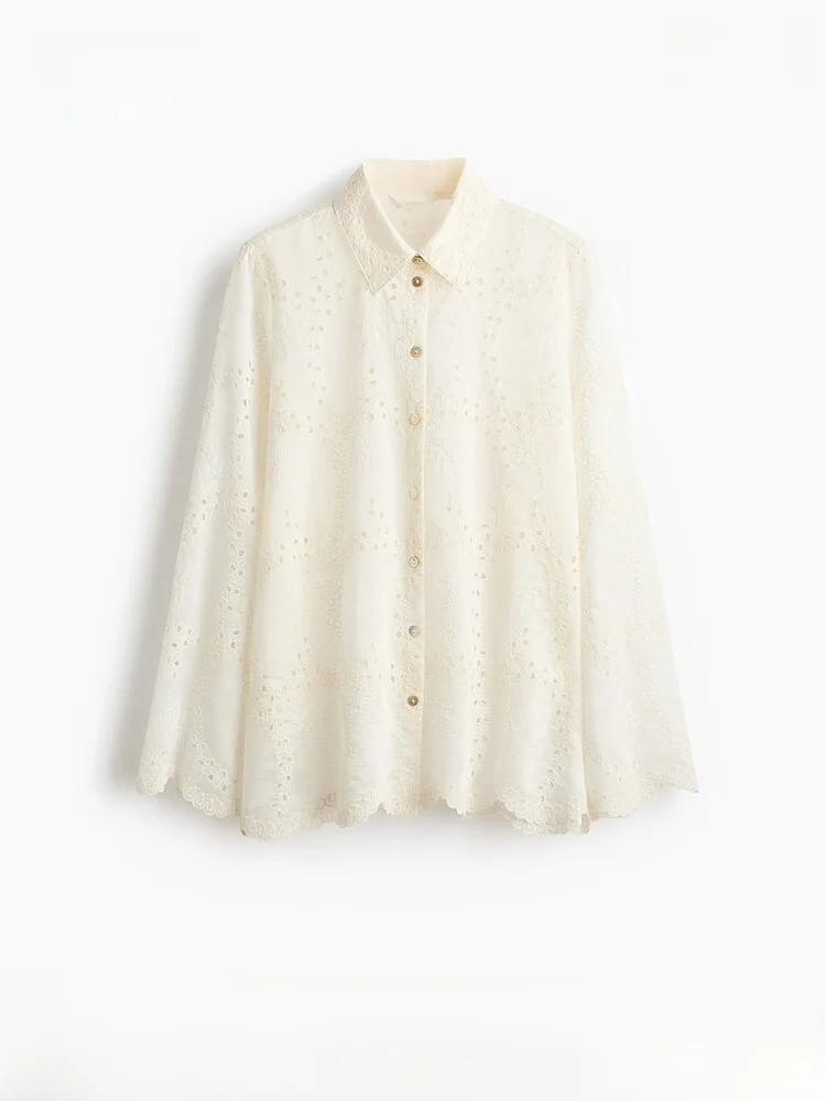 

H&M Spring New Women's Embroidered Hollow out irt Long Sve Polyester Lyocell Blend Vintage Sle Button up irt