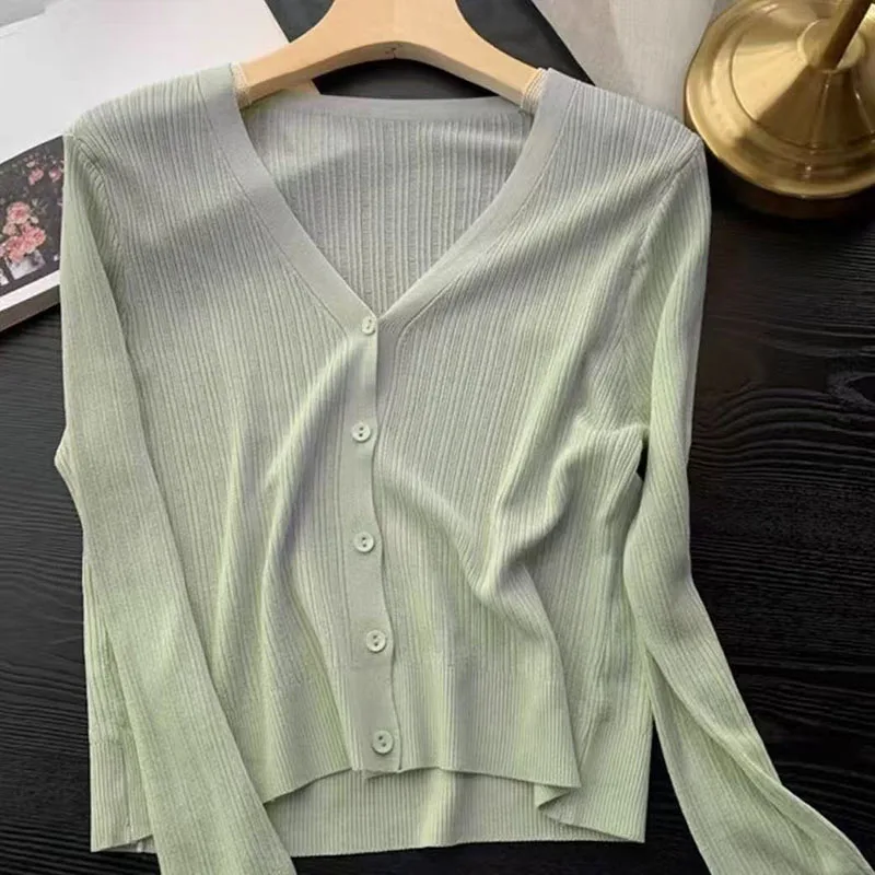 Cardigan de malha camisola versátil feminino primavera/verão 2024 nova moda auto cultivo protetor solar senhoras casaco superior