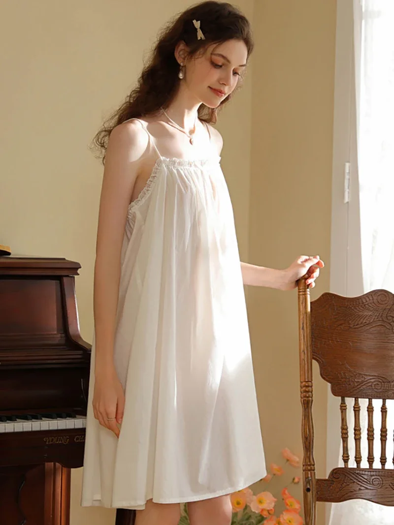 

Female Summer Victorian Nightgowns Ruffles Cotton Lace Sleeveless Nightdress Women Sweet Vintage Princess Sexy Loose Sleepwear