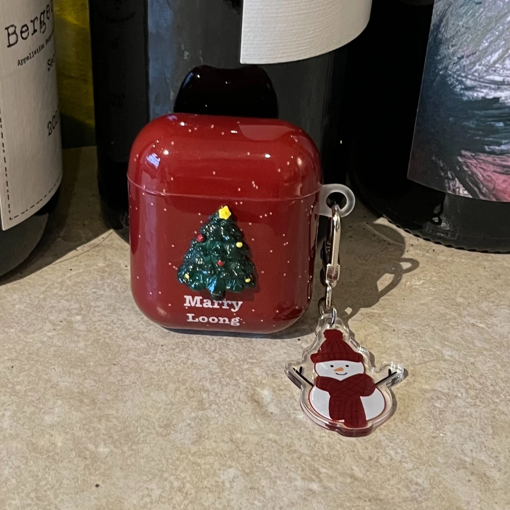 Árvore de natal estereoscópica fundo vermelho respingo-tinta boneco de neve pingente capa para airpods 1 ou 2 3 4 airpods pro pro 2