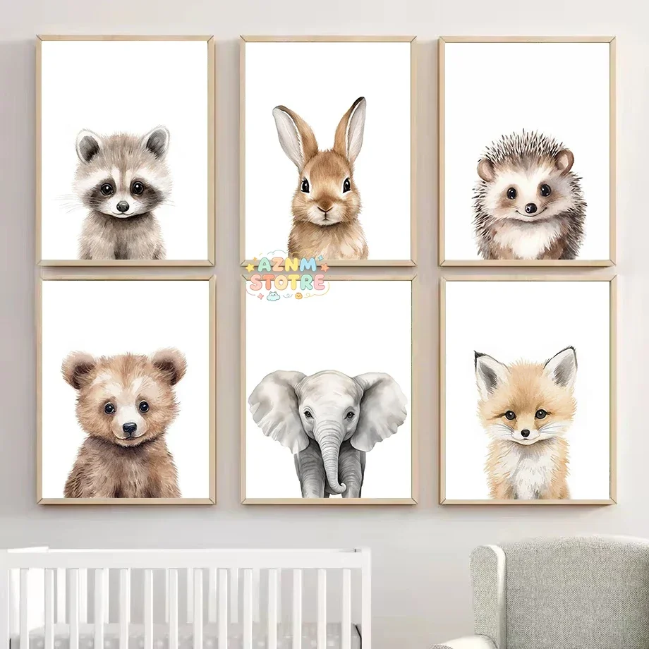 Watercolour Woodland Forest Baby Animals Little Bear Rabbit Raccoon Poster Canvas Painting Wall Pictures Home Nursery Decor