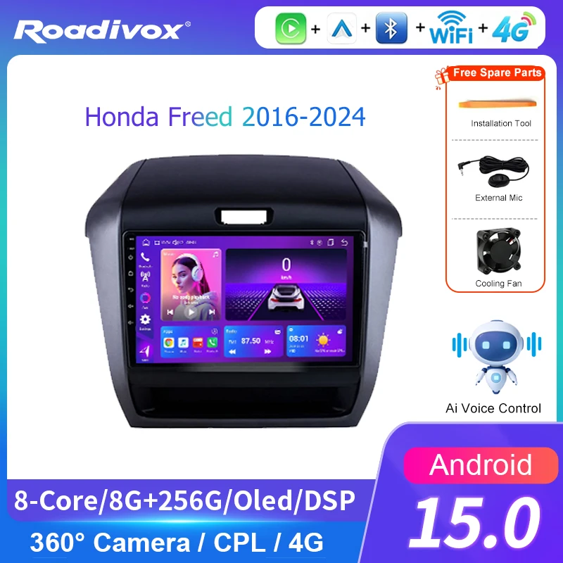 AI VOICE roadivox Android car radio for Honda Freed 2016-2024 GPS Navigation video Multimedia Player tape recorder