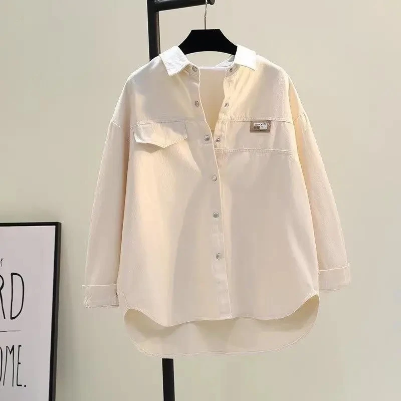 Beige solide décontracté col Polo coton simple boutonnage à manches longues femmes Blouse chemise décontracté femme vêtements hauts mode 2025