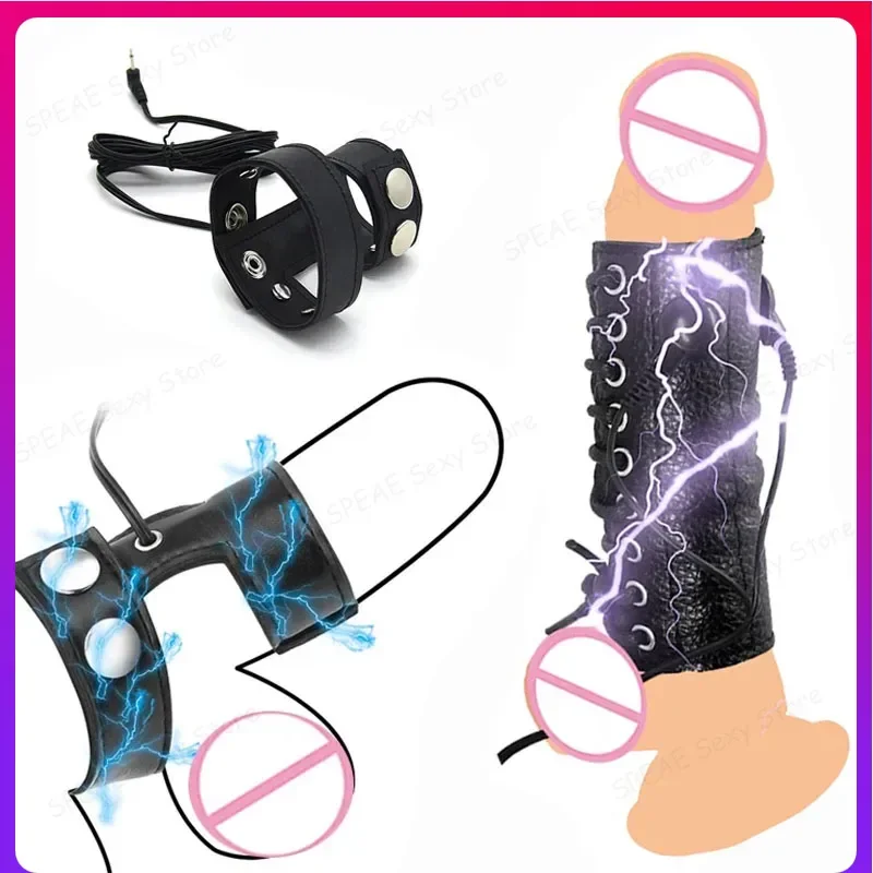 

Electro Shock Penis Rings PU Adjustable Cock Ring Man Chastity Device BDSM Toys Penis Stimulation Pulse Massage Bondage Sex Shop