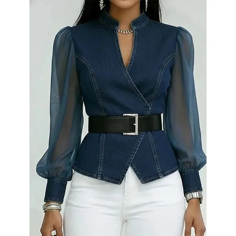 2026 new waist-shrinking slim denim Shirt blouse temperament spring and autumn design sense mesh sleeve western style shirt