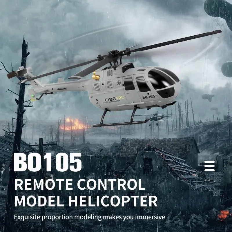 2024 novo modelo de helicóptero de aviação de controle remoto c186, quatro canais, hélice única, simulação de aeronave, brinquedo de quebra-cabeça bo105