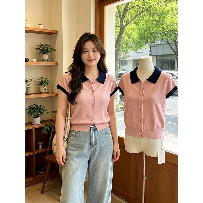 Fanan plus Size Fashion Color Block Collar Short Sleeve Knitted T-Shirt Women's Summer New Gentle Style Slimming Top for Ladies