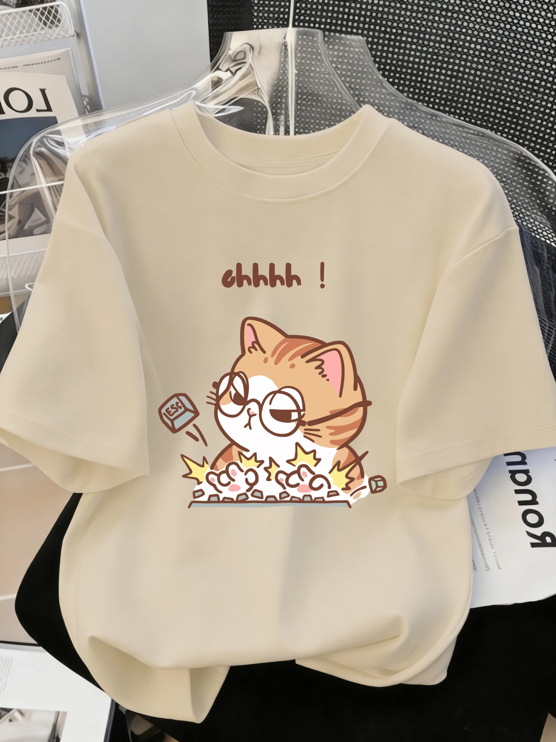 Camisetas con estampado de gato loco escribiendo a todo vapor en el teclado para hombre, camiseta informal de algodón, ropa deportiva de verano a la moda, ropa deportiva de Hip Hop
