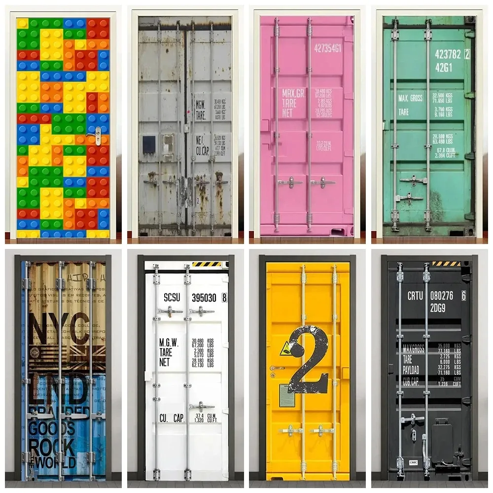 

3D Shipping Container Door Sticker Colorful Lego Brick Industrial Metal Pattern Removable Self Adhesive Wallpaper Home Decor