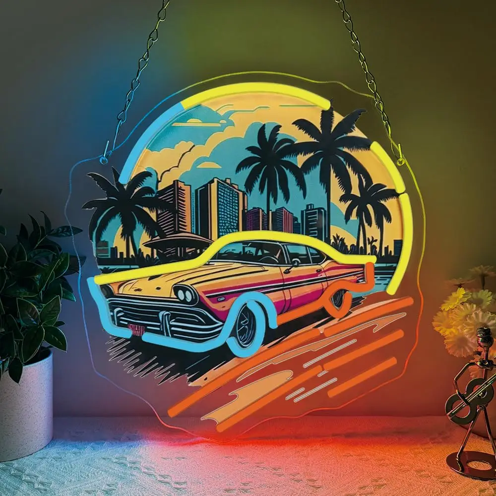 Sports Car Racing Neon Sign UV Print Dimmable Hawaiian Style LED Light Up for Wall Boys Girls Room Man Cave Garage Game Room