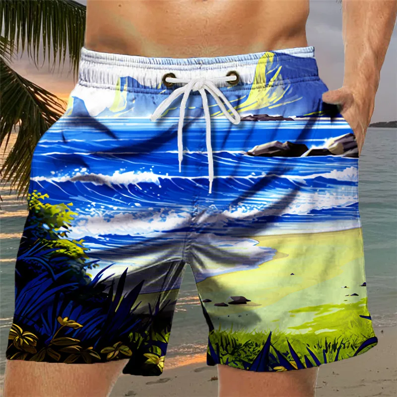 Men\'s Loose Beach Shorts Drawstring Quick Dry Coconut Tree Shorts For Summer Women Men 3D Print Casual Oversized Sport Shorts