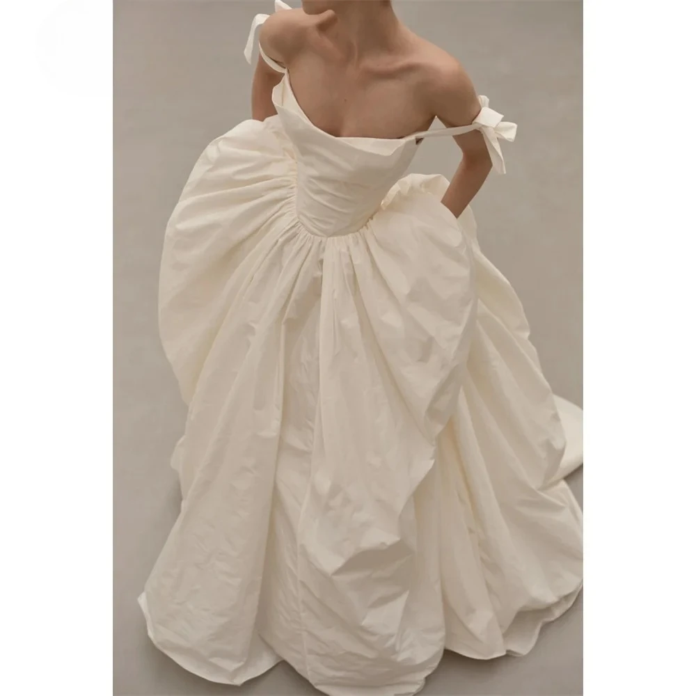 Customized White Off Shoulder Satin Wedding Dress Sleeveless Vestidos De Noche Elegant A-Line Court Train Robe De Mariée