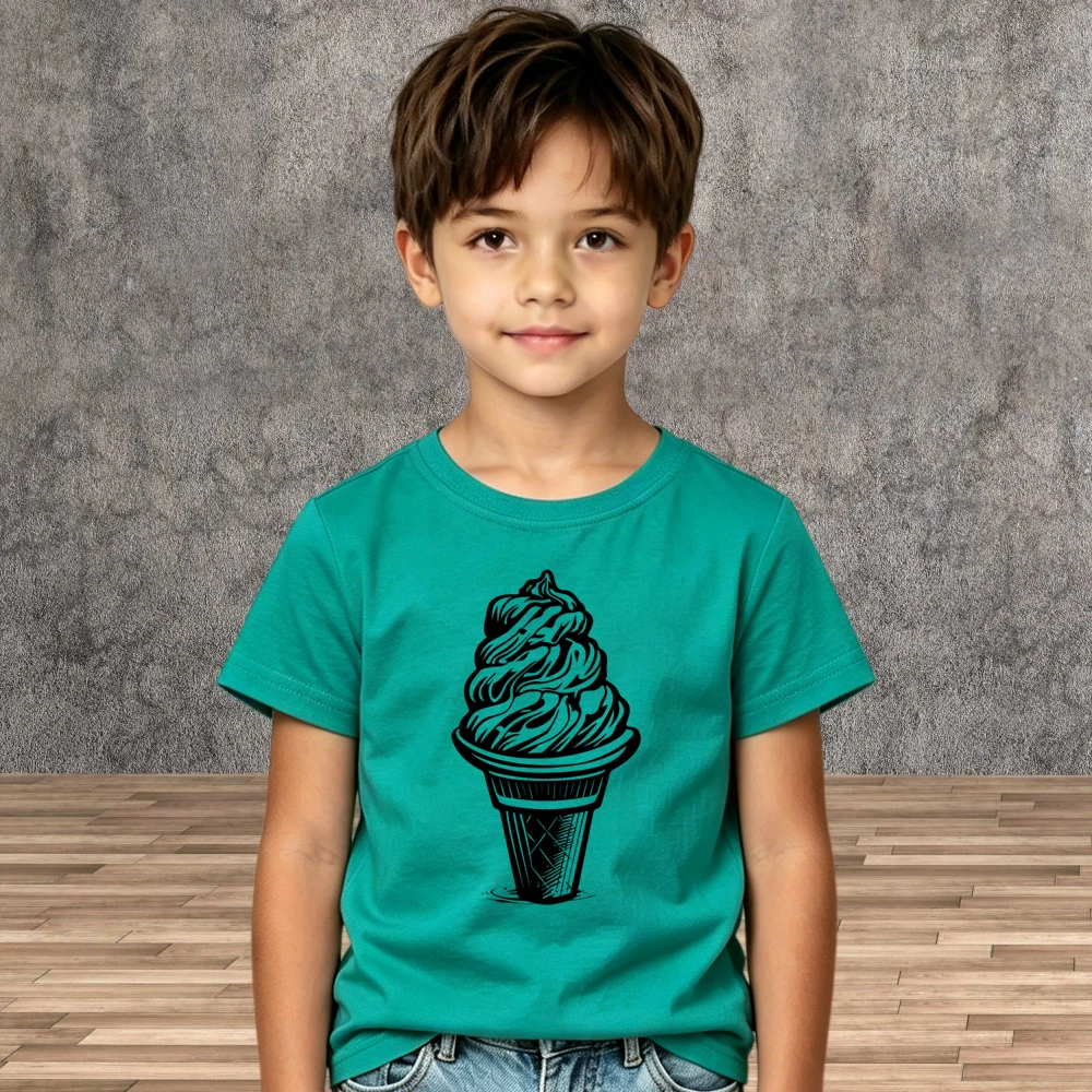 Summer Kids Cotton Tees Cute Cartoon Ice Cream Print T-shirt Boys Girls Crew Neck Soft Short Sleeve Daily Shirts Children