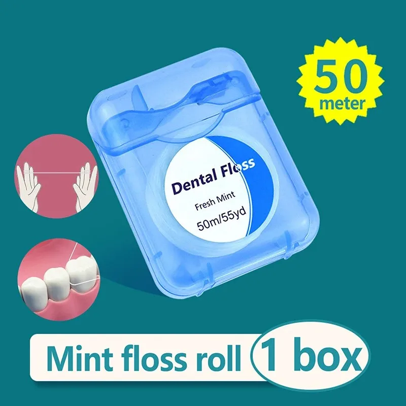 5pcs Dental Flosser Oral Hygiene Teeth Cleaning Wax Mint Flavored Dental Floss Spool Toothpick Teeth Flosser Tool 1 Roll 50M
