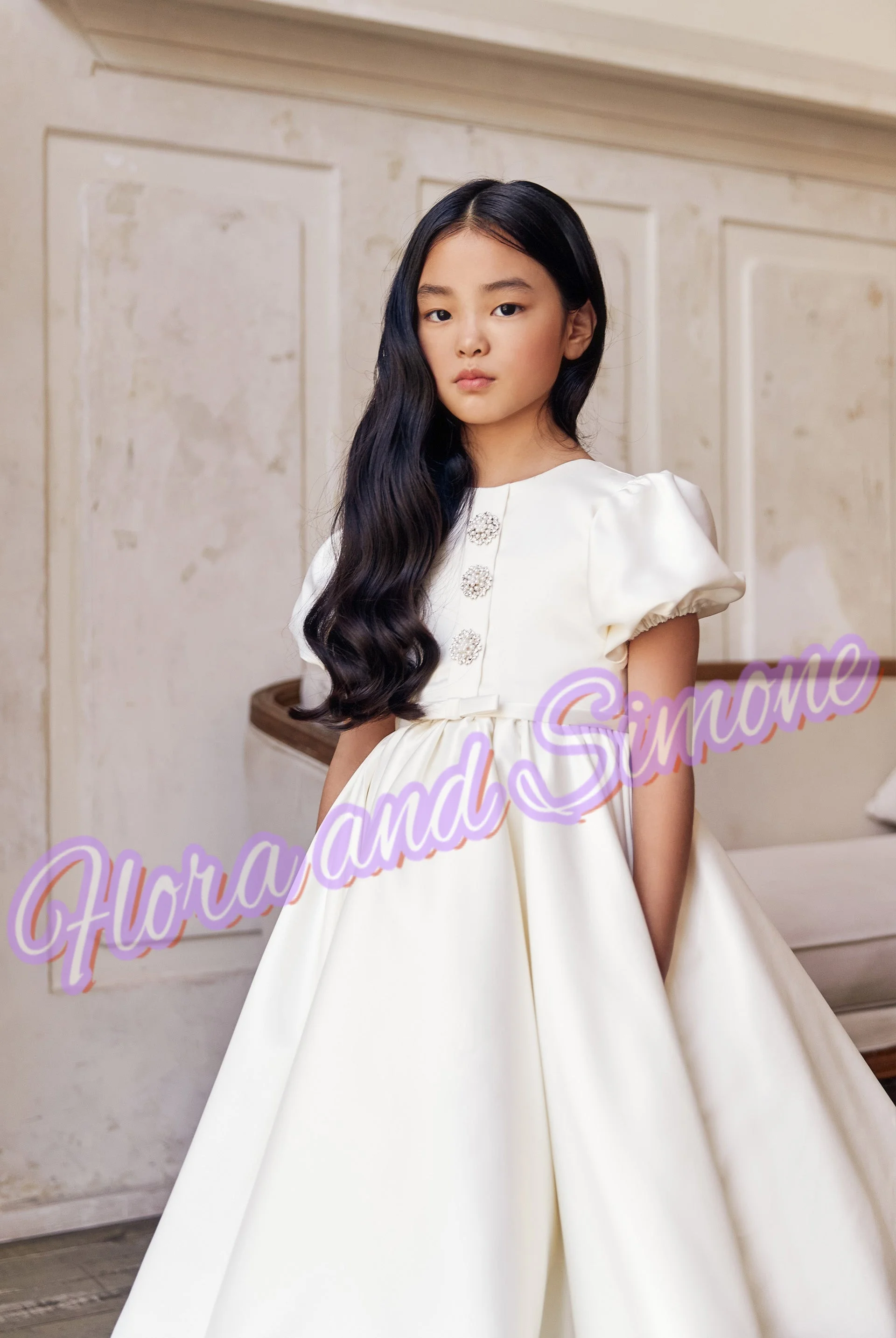 Satin puff sleeves Girl gowns Beading Elegant Flower Girl Dress for Wedding Ceremonies Formal Receptions Holiday Celebrations