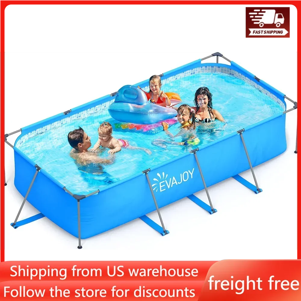 14ft X 7ft X 33in Metal Frame Swimming Pool Set, Rectangular Above Ground Pool Cover with Sand Filter Pump, Pool Ladder