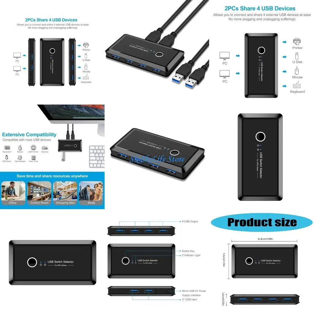 E65E USB Switcher Selector 2 Komputer Berbagi 4 Perangkat USB Switcher Hub Adaptor untuk Keyboard Mouse Printer Scanner