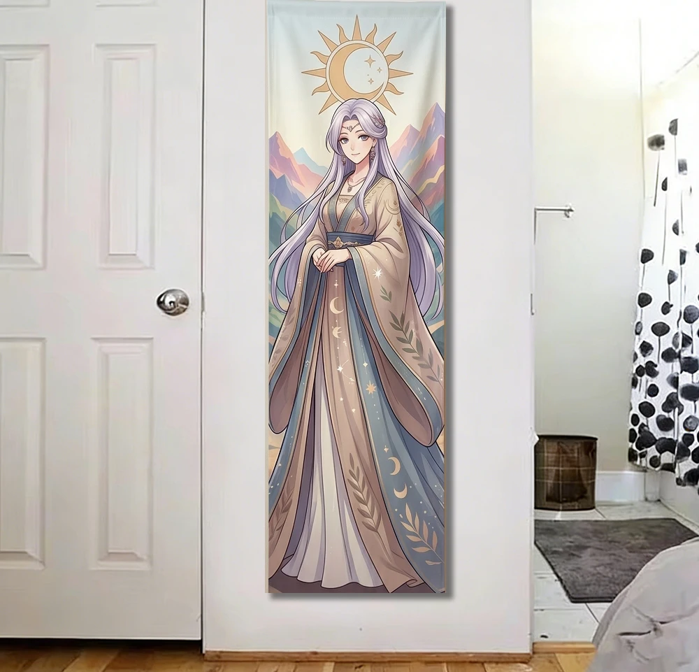 Japanese Style Anime Goddess Vertical Tapestry Flat Print Celestial Sun Moon Wall Hanging for Aesthetic Bedroom Dorm Decor