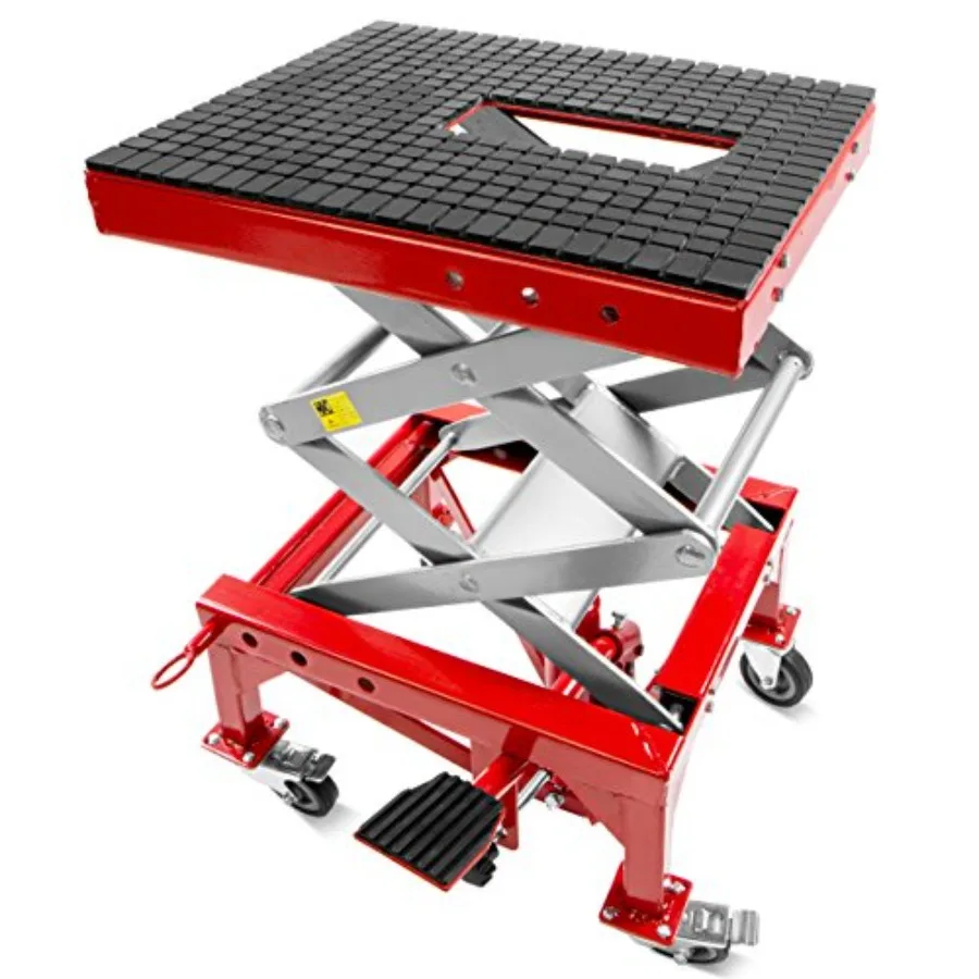 300LBS Motorcycle Dirt Bike ATV Motorcycle Bike Scissor Jack Lifts Hoist Mini Crank Hydraulic Foot Operated Lift, Red
