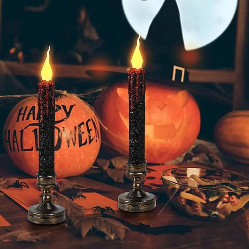 Velas sin llama para decoración de Halloween, lámpara iluminada LED, vela cónica, lágrimas de vampiro, velas negras con Bases, 2 uds.