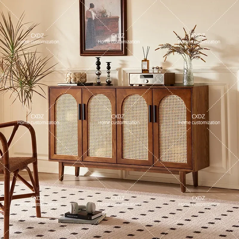 Medieval Solid Wood Rattan Dining Side Cabinet Four Door Storage Unit for Bedroom Hotel Multi Functional Furniture