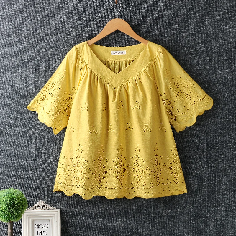 

Summer Sweet Mori Girl Solid Color Embroidery Hollow Out Cotton Shirts Women Sexy V-Neck Short Sleeve Casual Loose Blouse Tops