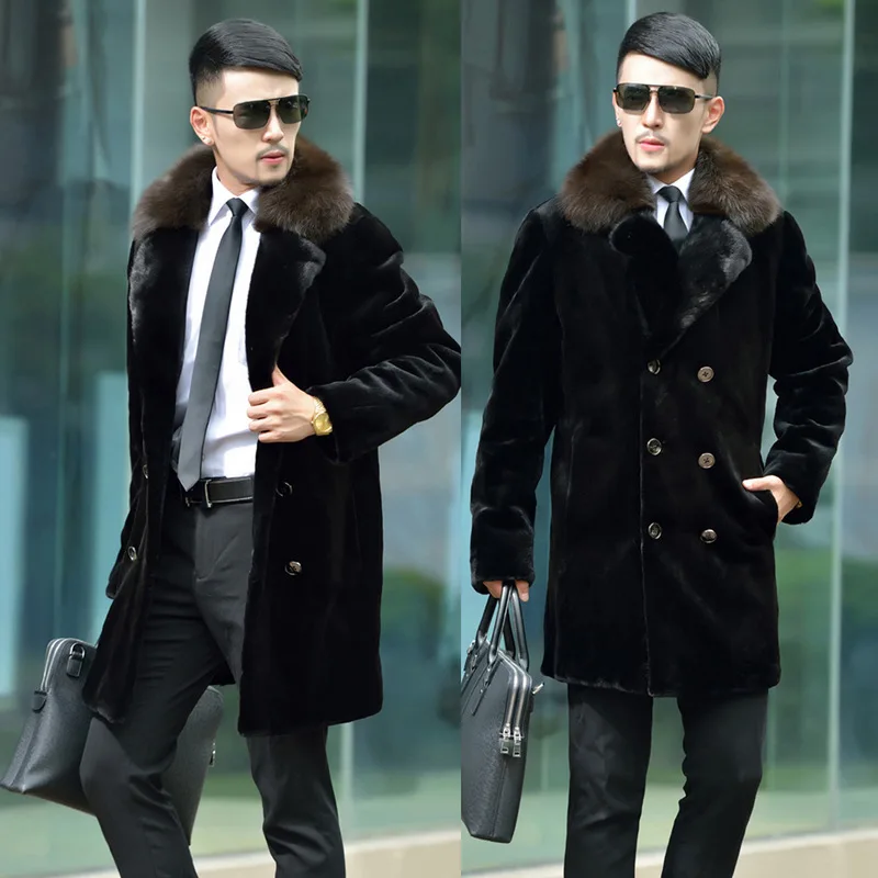 Suit Collar Double-breasted Faux Fur Coat Men Luxury Brand Winter Thick Warm Fur Coat Slim Korean Trench Coat Long Sleeve New