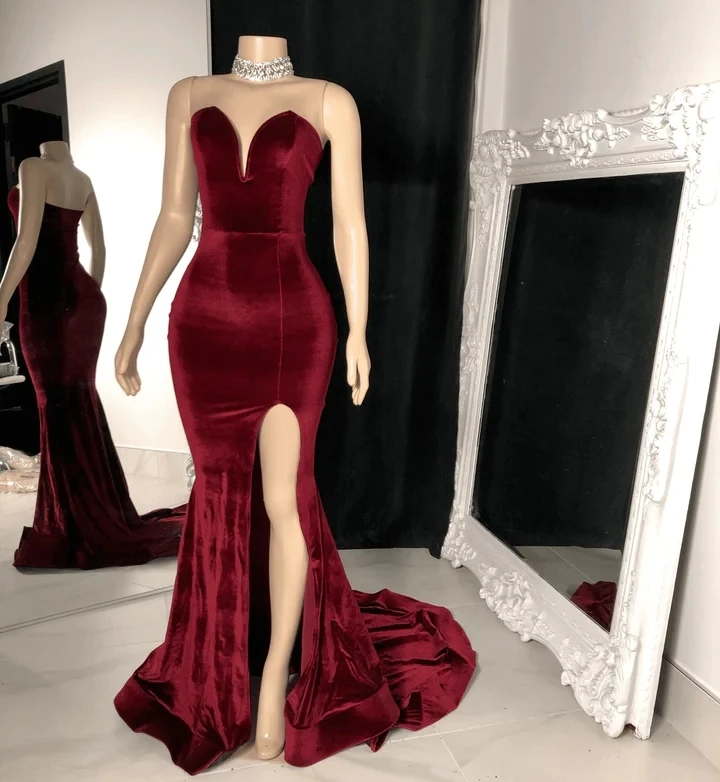 Burgundy Sexy V-neck Long Black Girls Prom Dresses Mermaid Style Velvet Slit Backless Prom Party Gowns Customized