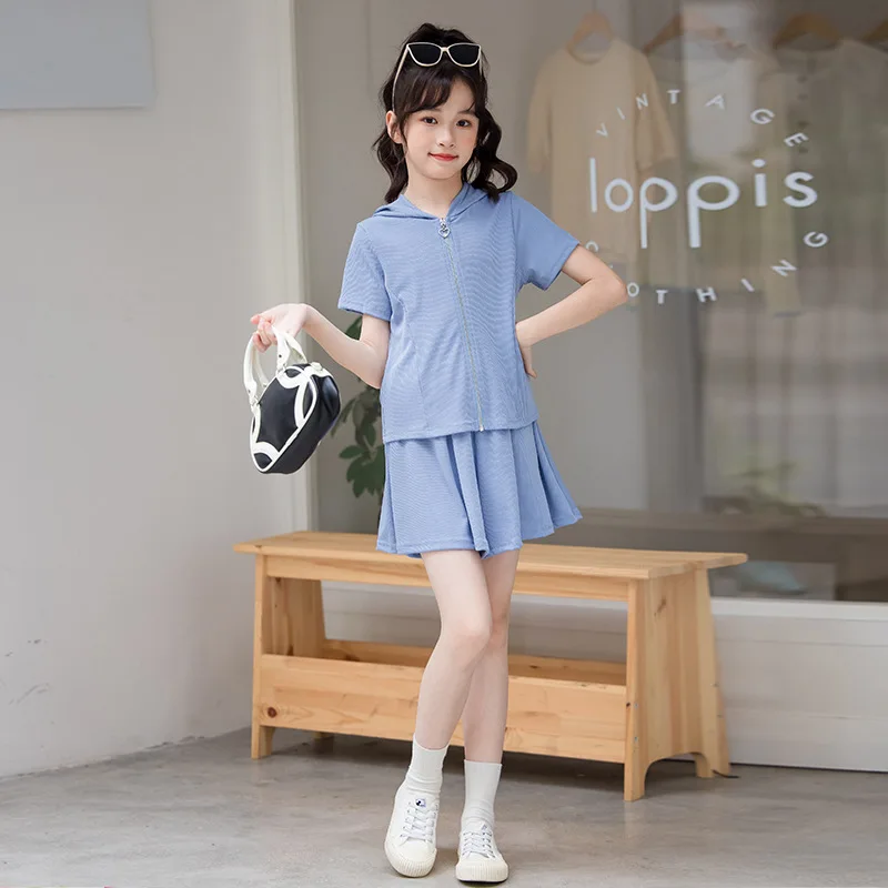 2026 summer girls Clothes Children set short sleeve ICE SILK Teen cardigan hooded t shirt tops + CULOTTES pants 4 8 10 12 year