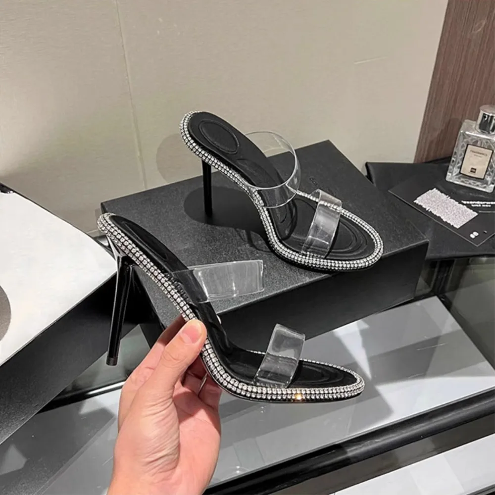 

Open Toe Rhinestone PVC Women Sandals Female Sexy Stiletto Dress Party Wedding High Heels Summer Crystal Outside Slippers