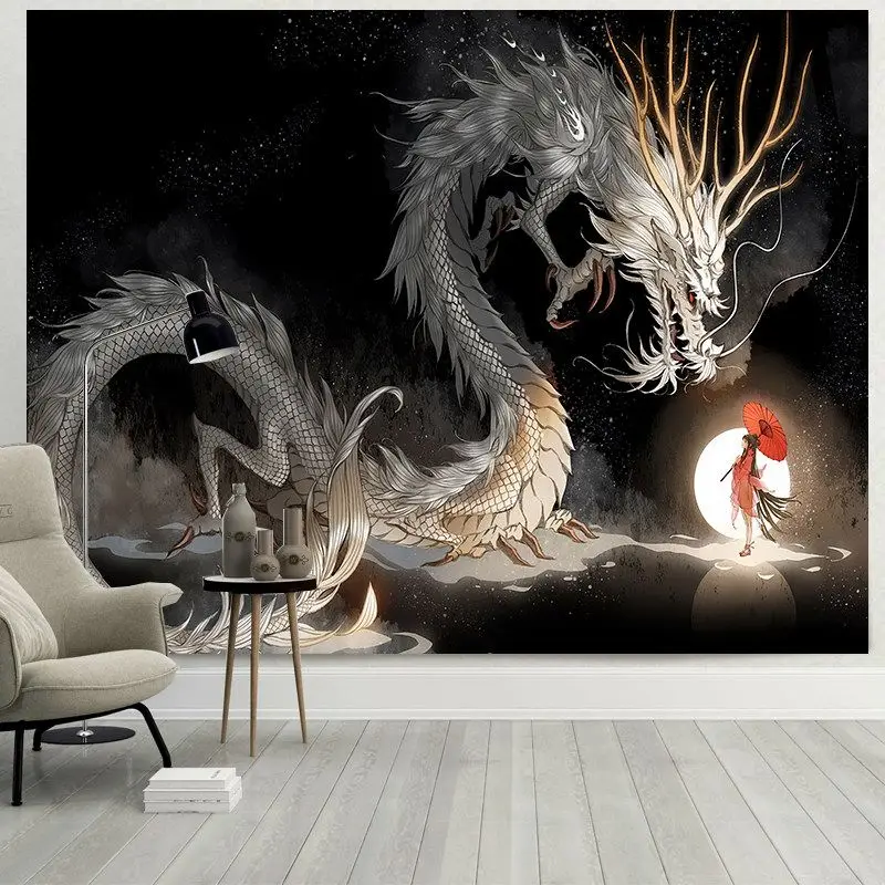 VIKAMA Fantasy White Dragon Wall Tapestry Traditional Chinese Style Girl Wall Hanging for Dorm Apartment Home Decor