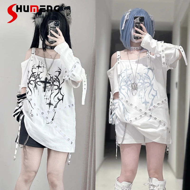 

Subculture Y2k Printed Long-sleeved Top Autumn New 2025 Japanese Girls Loose Slim Sweet Cool T-shirt Tees Shorts with Chain