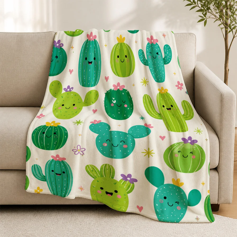 Boho Cactus Print Throw Blanket for Sofa Couch Decor Succulent Botanical Aesthetic Knit Throw Fuzzy Winter Warmth Gift