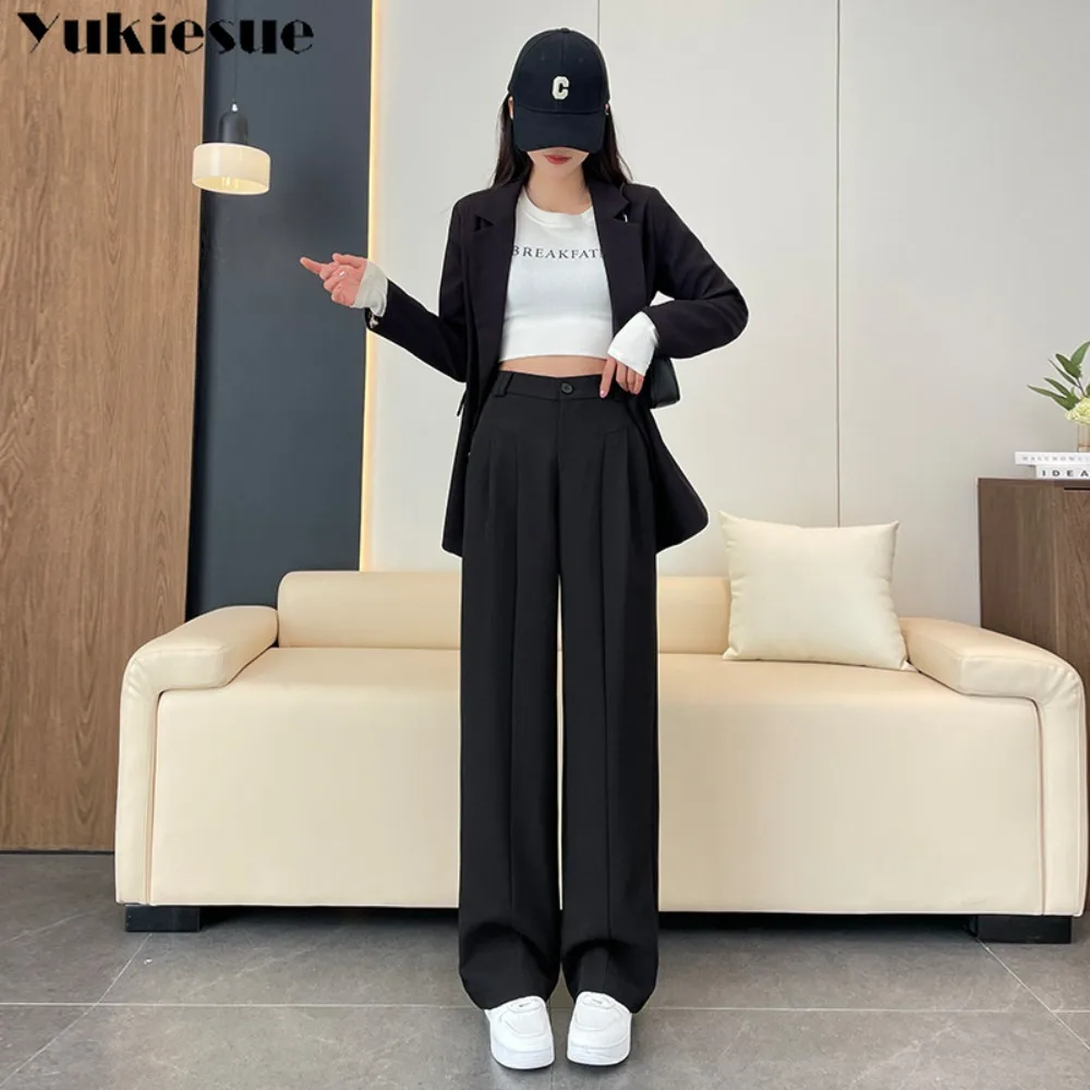 2025 Nieuwe Lente Herfst High End Gedrapeerde Zwarte Blazer Broek voor Vrouwen Peervorm Hoge Taille Casual Losse Wijde Pijpen Broek