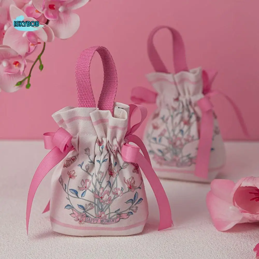 

Mesh Flower Canvas Floral Drawstring Bag Large Capacity Satin Bow Festive Sugar Bag Korean Style Wedding Candy Bag