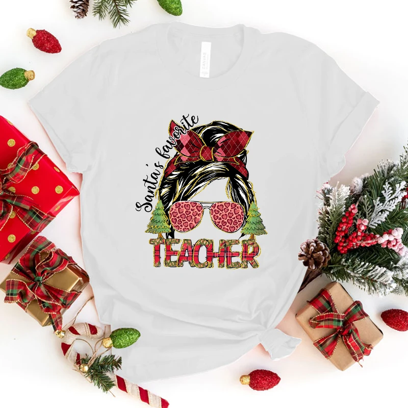 

Hot Christmas Santa'S Favorite Teacher Graphic T Shirt Women'S Fashion T-Shirts Short Sleeve Shirts Mama Summer T-Shirts