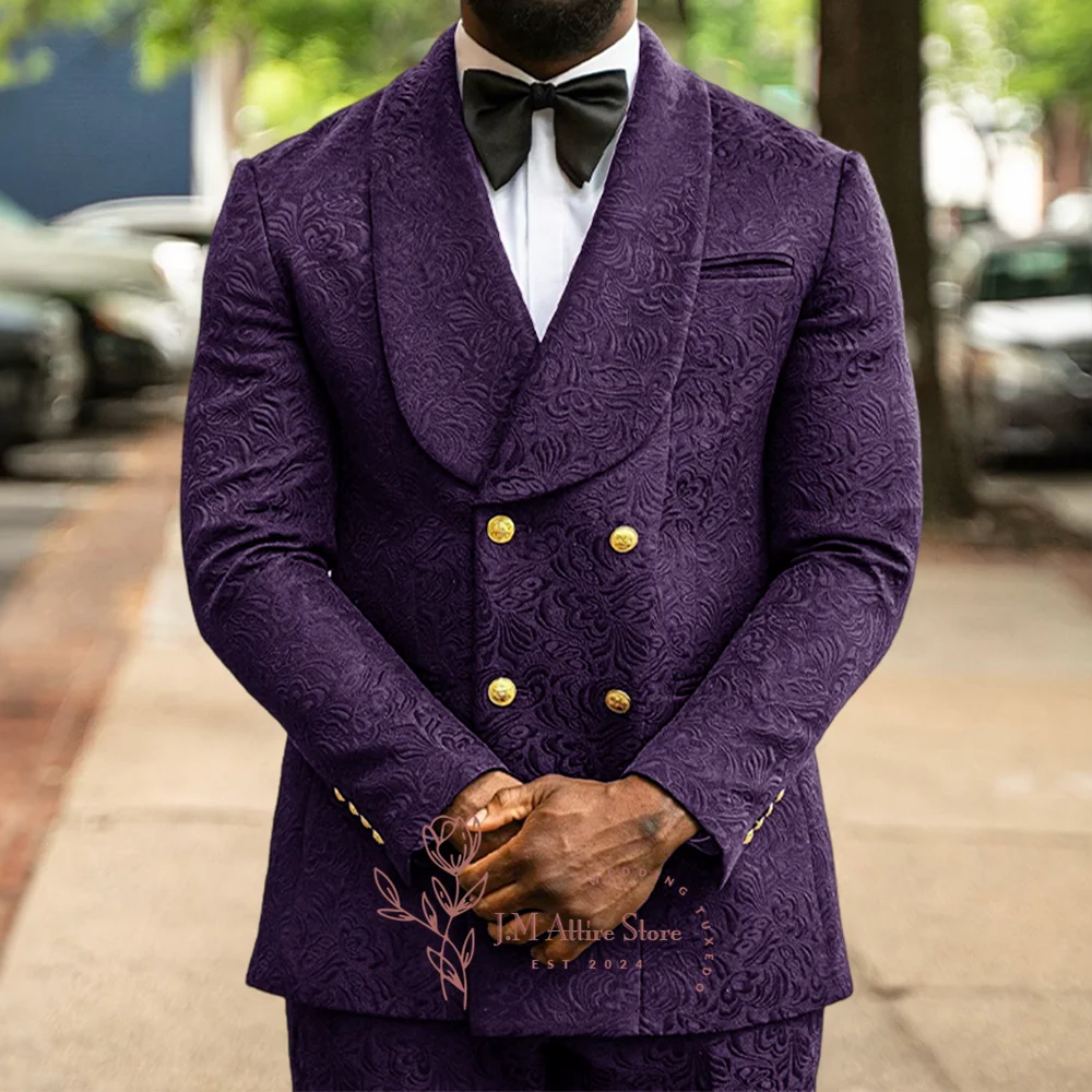 

Luxurious Purple Jacquard Men's Suit 2 Piece Set Shawl Lapel Double Breasted Blazer Pants Formal Wedding Groom Custom Tuxedo