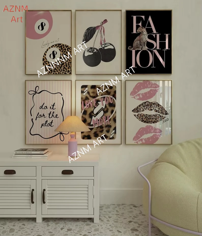 6-teiliges Set Rosa Gepard Tier Glücksbringer Nr. 8 Ball Leinwanddruck Y2k Cherry Girl Zitat Wandkunst Poster für Valentinstag Heimdekoration