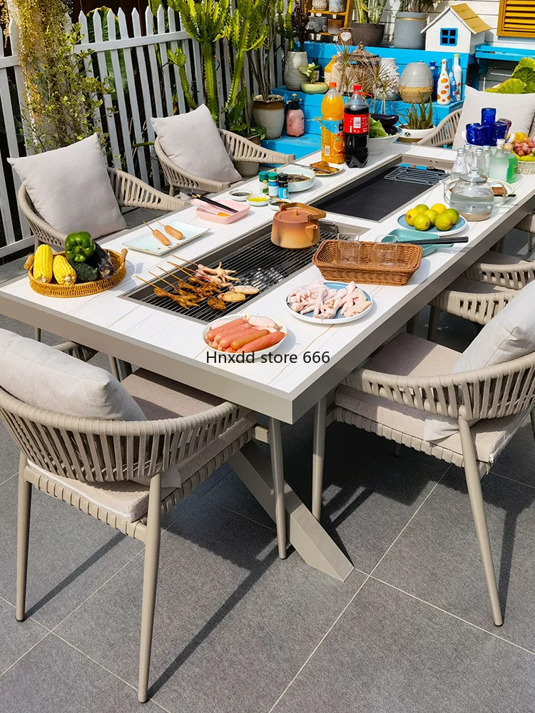 

Chinese barbecue table and chairs Household barbecue grill, outdoor dining table Cast aluminum outdoor