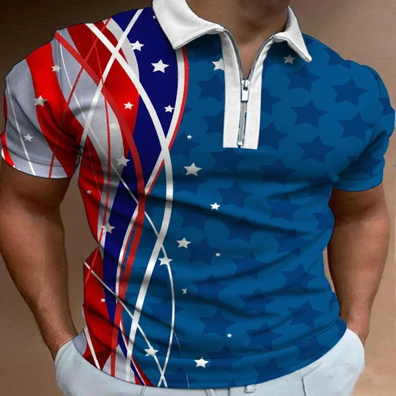 

The Star and Stripe 3D Print Polo Zipper Short Sleeve Shirt for Men